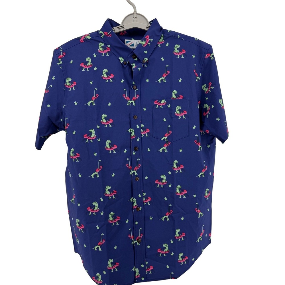 Bermies Mens Dinosaur Performance Shirt Blue Recycled Stretch Button Down L
